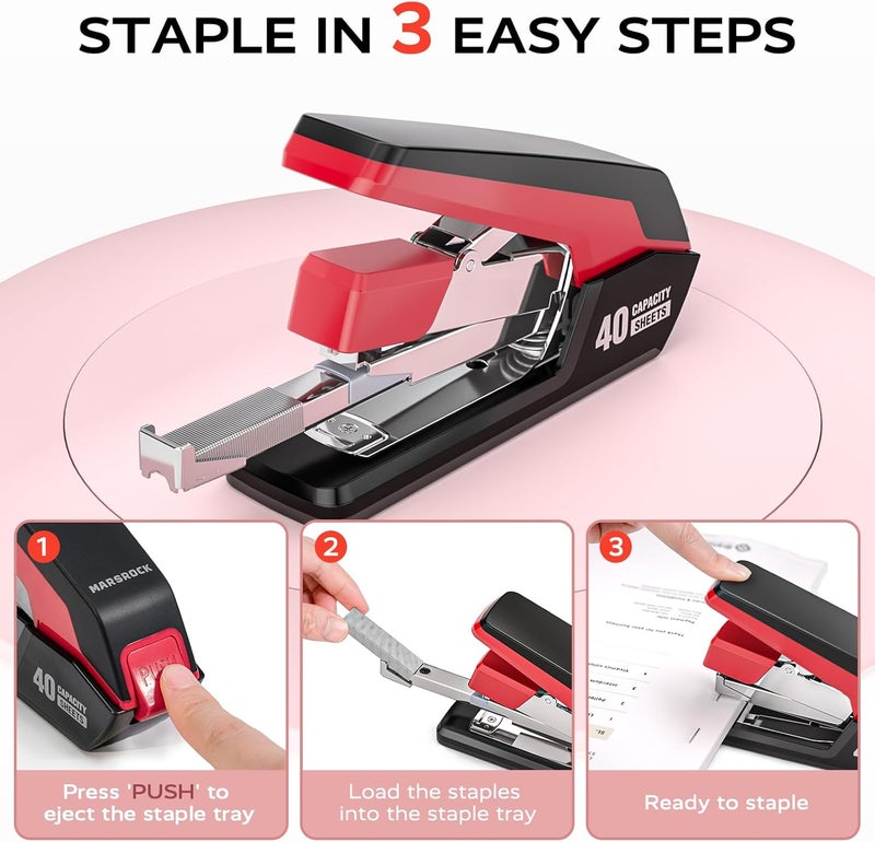 Mars-Rock Effortless Stapler for Desk with 40-50 Sheet Capacity, 2000 Staples, 1-Touch Stapling, Ergonomic & Easy to Load Desktop Staplers, Heavy Duty Stapler, and Magnetic Staple Remover, Red - Image 4